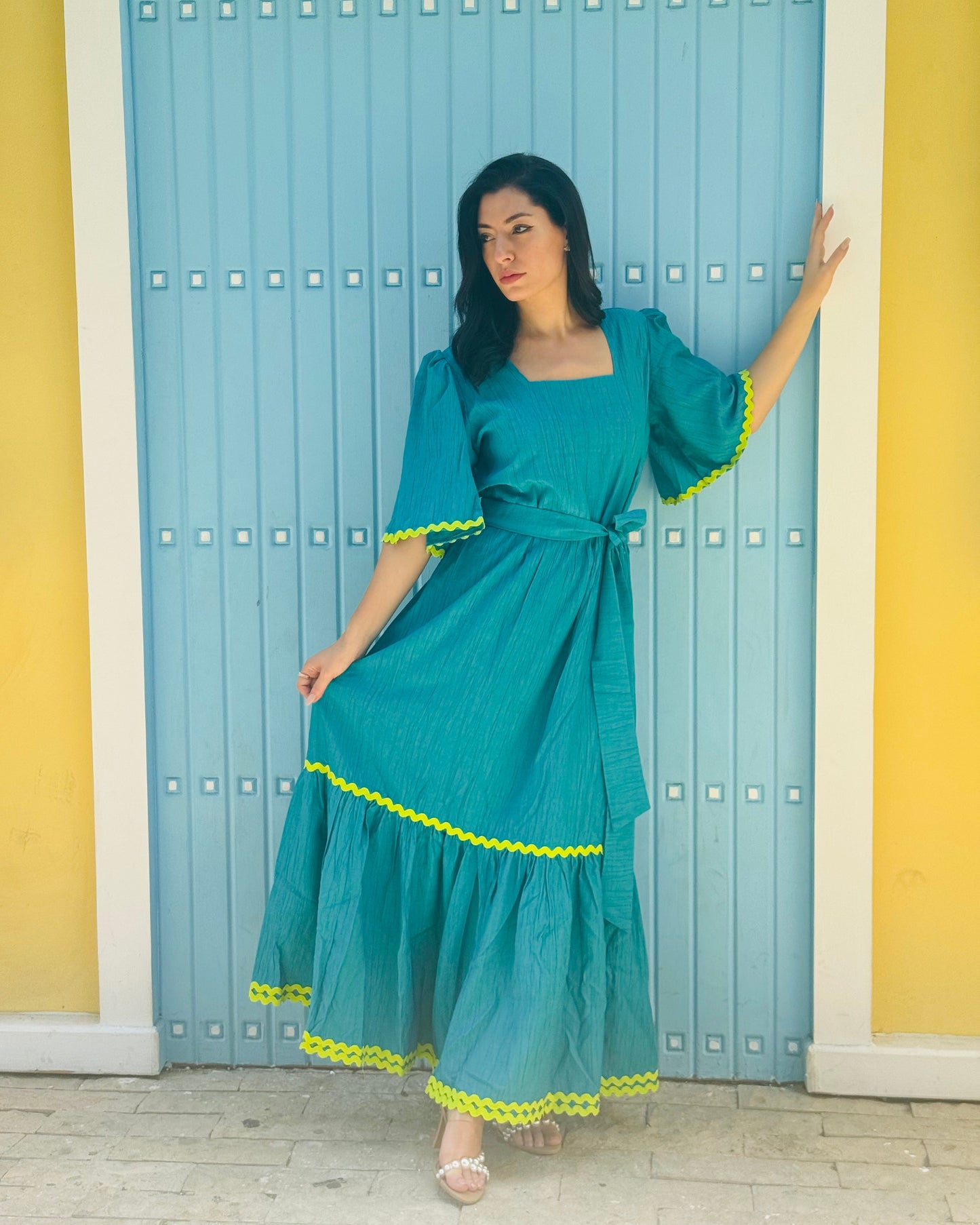 Teal shore waves dress